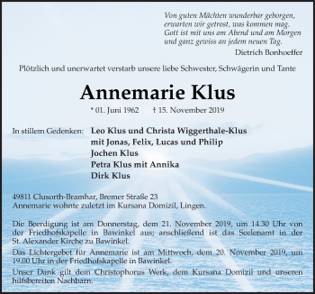 Traueranzeige von Annemarie Klus von Neue Osnabrücker Zeitung GmbH & Co. KG