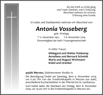 Traueranzeige von Antonia Vosseberg von Neue Osnabrücker Zeitung GmbH & Co. KG