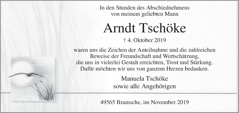  Traueranzeige für Arndt Tschöke vom 16.11.2019 aus Neue Osnabrücker Zeitung GmbH & Co. KG