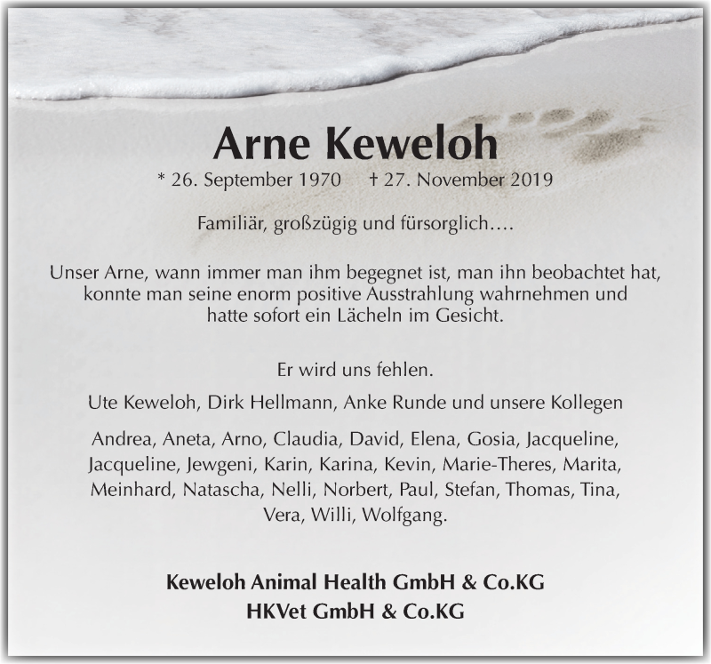  Traueranzeige für Arne Keweloh vom 30.11.2019 aus Neue Osnabrücker Zeitung GmbH & Co. KG
