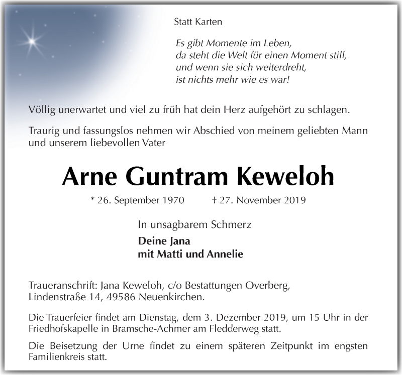  Traueranzeige für Arne Guntram Keweloh vom 30.11.2019 aus Neue Osnabrücker Zeitung GmbH & Co. KG
