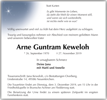 Traueranzeige von Arne Guntram Keweloh von Neue Osnabrücker Zeitung GmbH & Co. KG