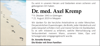 Traueranzeige von Axel Kremp von Neue Osnabrücker Zeitung GmbH & Co. KG