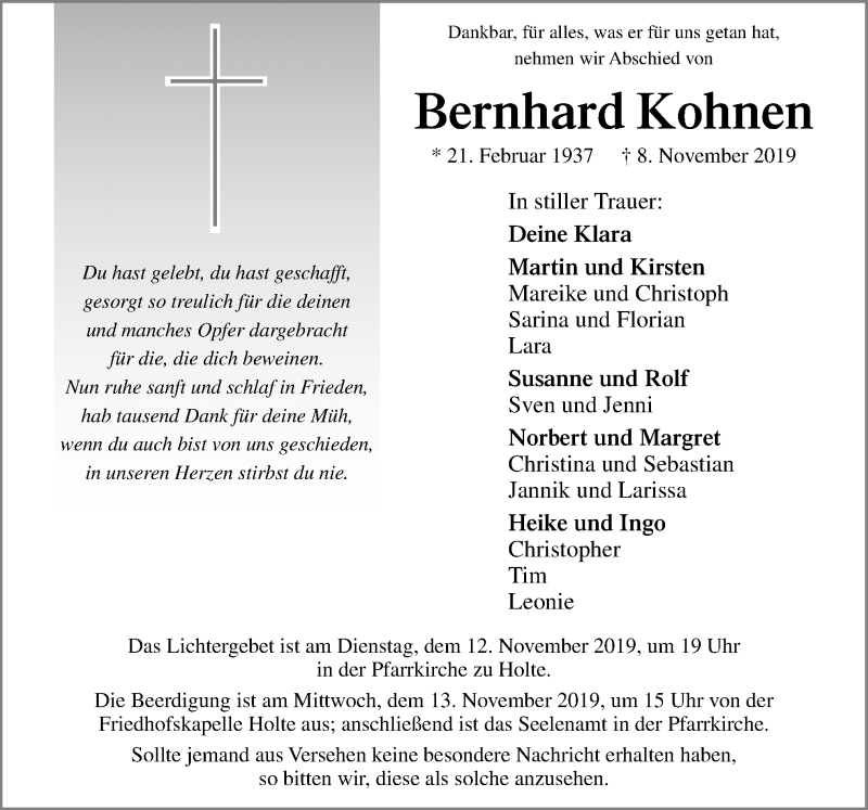  Traueranzeige für Bernhard Kohnen vom 11.11.2019 aus Neue Osnabrücker Zeitung GmbH & Co. KG