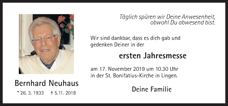  Traueranzeige für Bernhard Neuhaus vom 15.11.2019 aus Neue Osnabrücker Zeitung GmbH & Co. KG