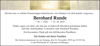 Traueranzeige von Bernhard Runde von Neue Osnabrücker Zeitung GmbH & Co. KG