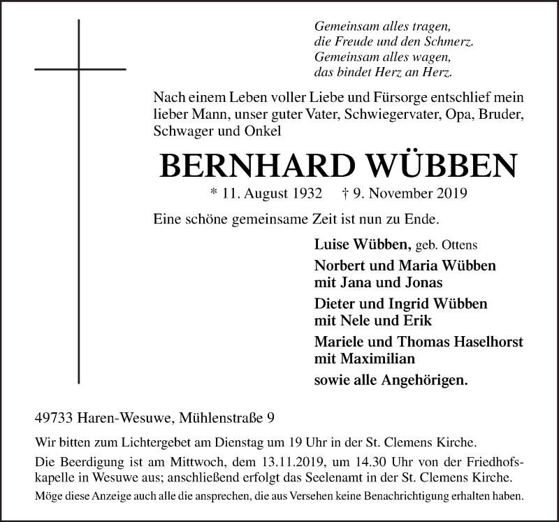  Traueranzeige für Bernhard Wübben vom 11.11.2019 aus Neue Osnabrücker Zeitung GmbH & Co. KG