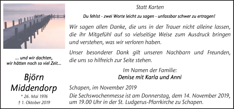  Traueranzeige für Björn Middendorp vom 09.11.2019 aus Neue Osnabrücker Zeitung GmbH & Co. KG