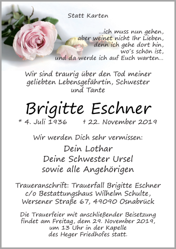 Traueranzeige von Brigitte Eschner von Neue Osnabrücker Zeitung GmbH & Co. KG