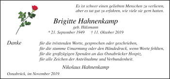 Traueranzeige von Brigitte Hahnenkamp von Neue Osnabrücker Zeitung GmbH & Co. KG