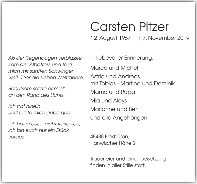  Traueranzeige für Carsten Pitzer vom 14.11.2019 aus Neue Osnabrücker Zeitung GmbH & Co. KG