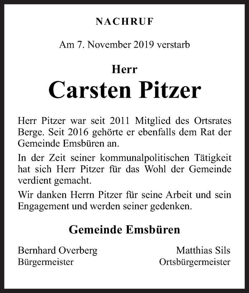  Traueranzeige für Carsten Pitzer vom 16.11.2019 aus Neue Osnabrücker Zeitung GmbH & Co. KG