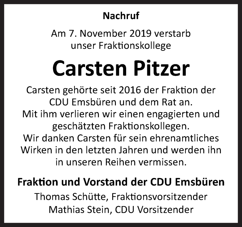  Traueranzeige für Carsten Pitzer vom 16.11.2019 aus Neue Osnabrücker Zeitung GmbH & Co. KG