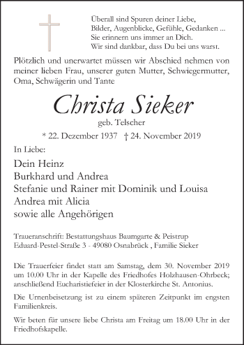 Traueranzeige von Christa Sieker von Neue Osnabrücker Zeitung GmbH & Co. KG