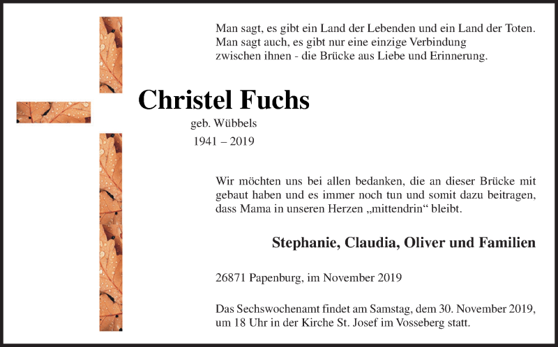  Traueranzeige für Christel Fuchs vom 28.11.2019 aus Neue Osnabrücker Zeitung GmbH & Co. KG