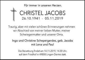 Traueranzeige von Christel Jacobs von Neue Osnabrücker Zeitung GmbH & Co. KG