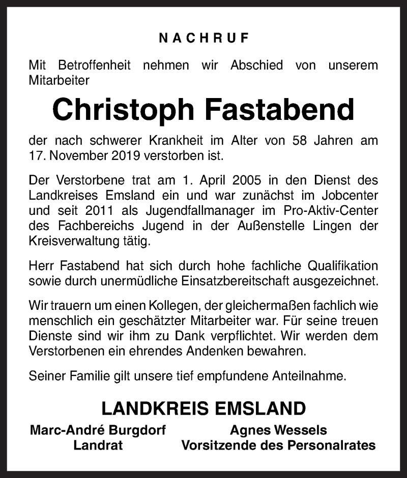  Traueranzeige für Christoph Fastabend vom 23.11.2019 aus Neue Osnabrücker Zeitung GmbH & Co. KG