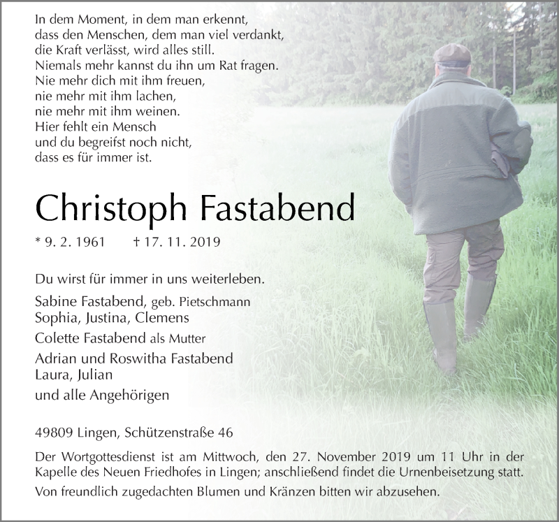  Traueranzeige für Christoph Fastabend vom 23.11.2019 aus Neue Osnabrücker Zeitung GmbH & Co. KG