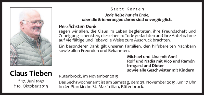  Traueranzeige für Claus Tieben vom 19.11.2019 aus Neue Osnabrücker Zeitung GmbH & Co. KG