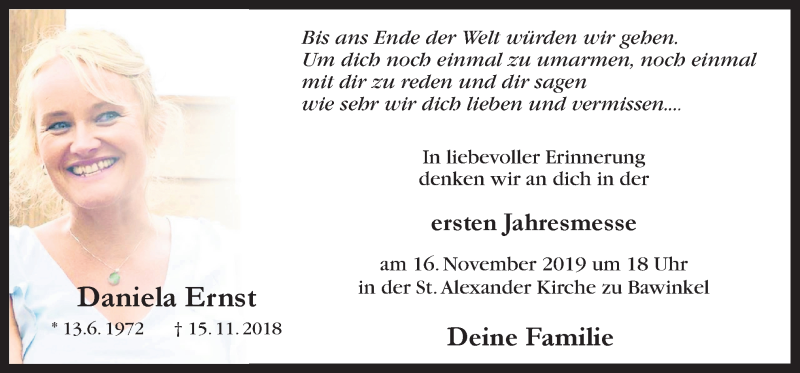  Traueranzeige für Daniela Ernst vom 13.11.2019 aus Neue Osnabrücker Zeitung GmbH & Co. KG