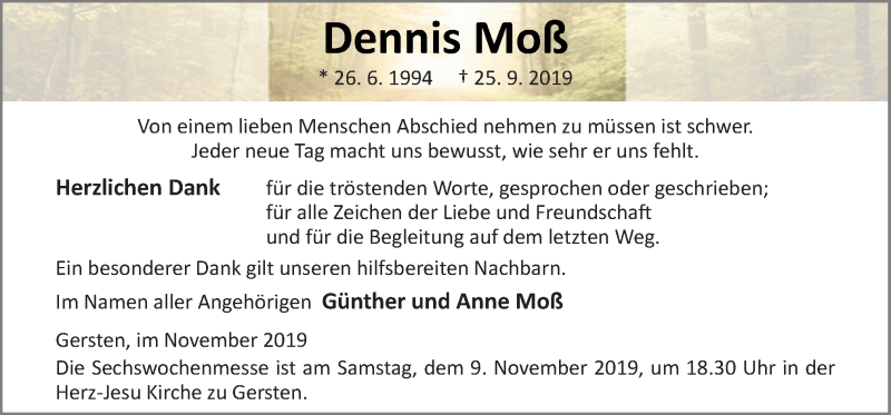  Traueranzeige für Dennis Moß vom 06.11.2019 aus Neue Osnabrücker Zeitung GmbH & Co. KG