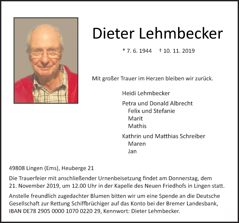  Traueranzeige für Dieter Lehmbecker vom 16.11.2019 aus Neue Osnabrücker Zeitung GmbH & Co. KG