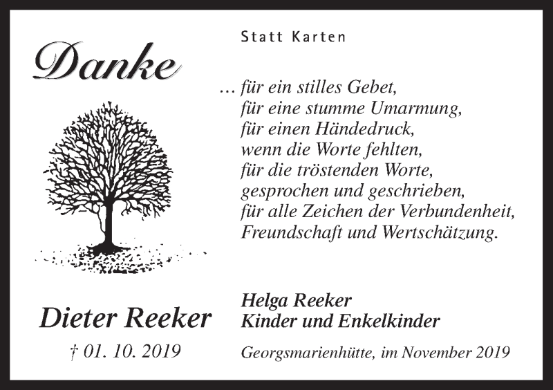  Traueranzeige für Dieter Reeker vom 09.11.2019 aus Neue Osnabrücker Zeitung GmbH & Co. KG
