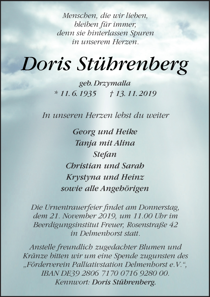  Traueranzeige für Doris Stührenberg vom 16.11.2019 aus Neue Osnabrücker Zeitung GmbH & Co. KG