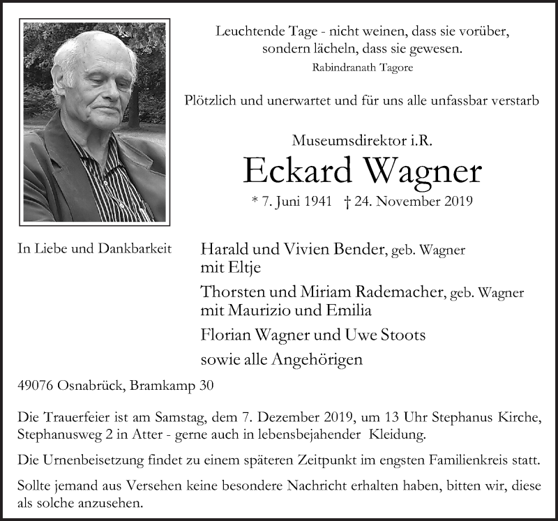  Traueranzeige für Eckard Wagner vom 30.11.2019 aus Neue Osnabrücker Zeitung GmbH & Co. KG