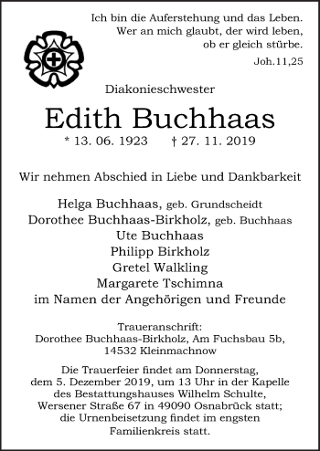 Traueranzeige von Edith Buchhaas von Neue Osnabrücker Zeitung GmbH & Co. KG