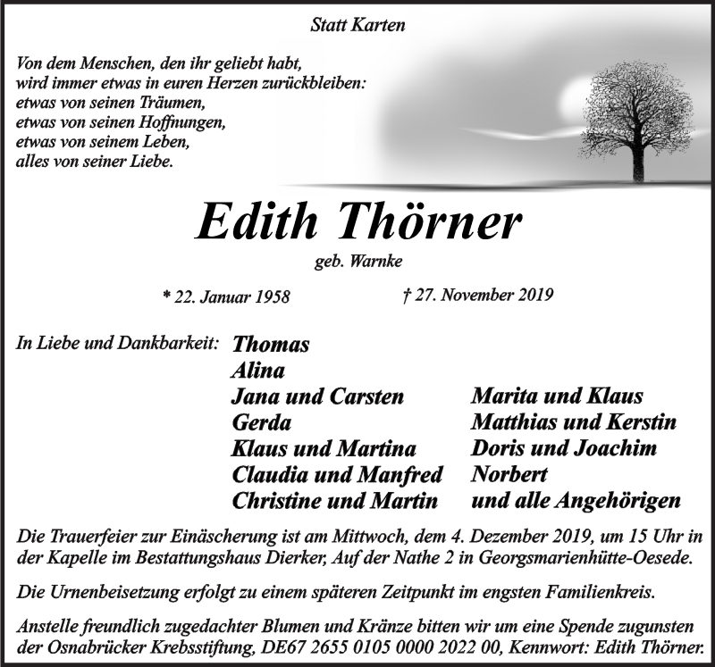  Traueranzeige für Edith Thörner vom 30.11.2019 aus Neue Osnabrücker Zeitung GmbH & Co. KG