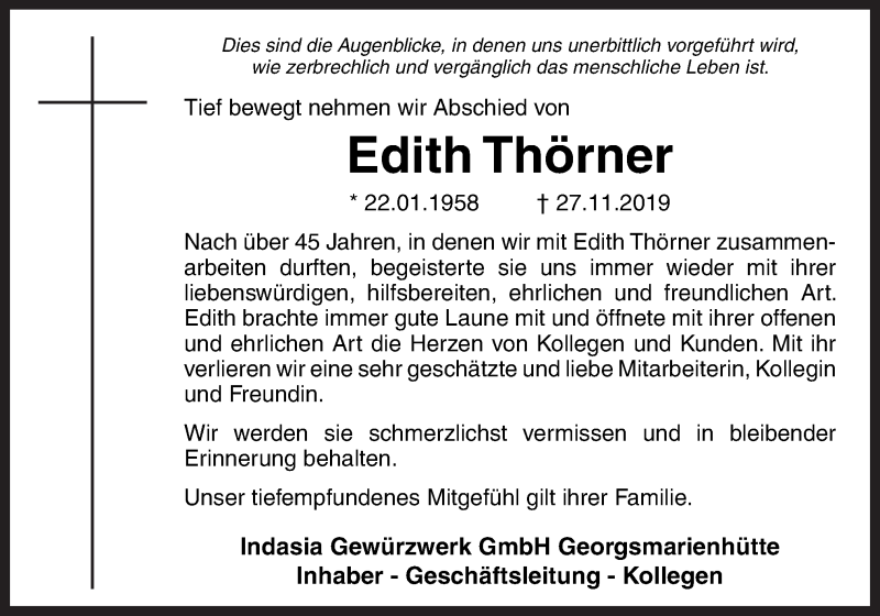  Traueranzeige für Edith Thörner vom 30.11.2019 aus Neue Osnabrücker Zeitung GmbH & Co. KG