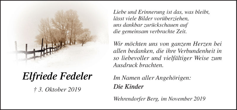  Traueranzeige für Elfriede Fedeler vom 16.11.2019 aus Neue Osnabrücker Zeitung GmbH & Co. KG