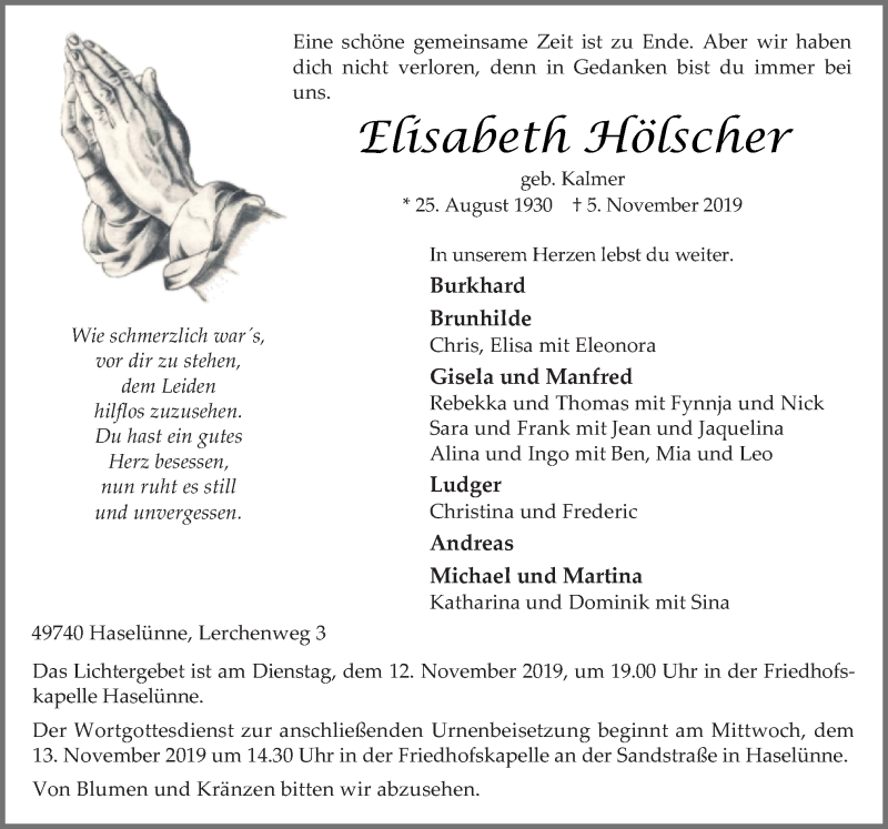  Traueranzeige für Elisabeth Hölscher vom 08.11.2019 aus Neue Osnabrücker Zeitung GmbH & Co. KG
