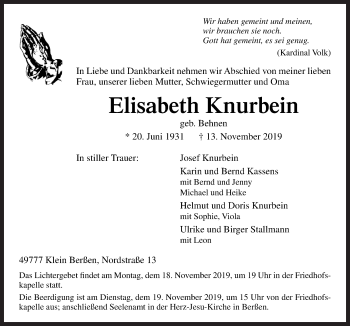 Traueranzeige von Elisabeth Knurbein von Neue Osnabrücker Zeitung GmbH & Co. KG