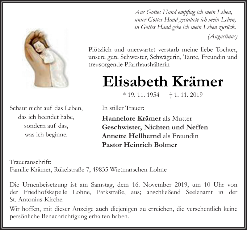  Traueranzeige für Elisabeth Krämer vom 13.11.2019 aus Neue Osnabrücker Zeitung GmbH & Co. KG