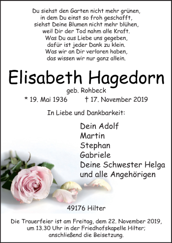 Traueranzeige von Elisabeth Hagedorn Hagedorn von Neue Osnabrücker Zeitung GmbH & Co. KG