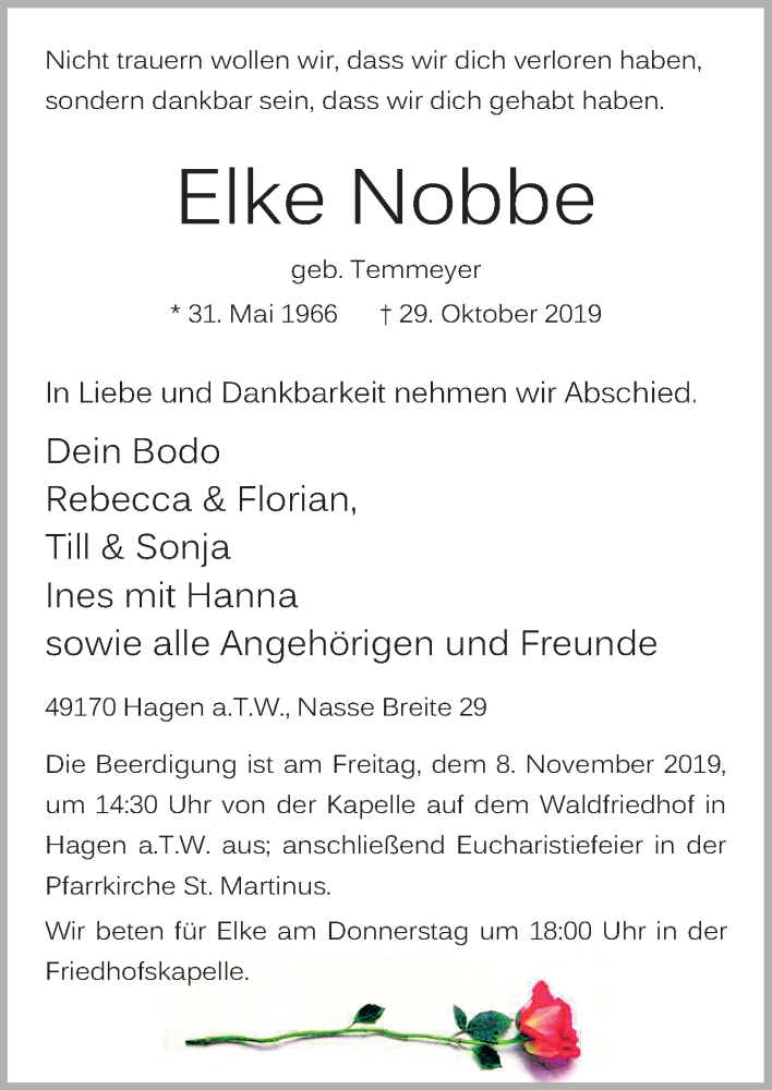  Traueranzeige für Elke Nobbe vom 05.11.2019 aus Neue Osnabrücker Zeitung GmbH & Co. KG