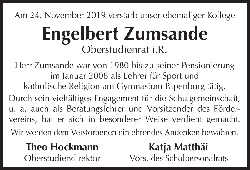  Traueranzeige für Engelbert Zumsande vom 28.11.2019 aus Neue Osnabrücker Zeitung GmbH & Co. KG