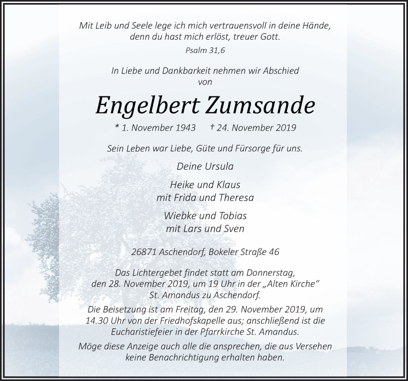  Traueranzeige für Engelbert Zumsande vom 27.11.2019 aus Neue Osnabrücker Zeitung GmbH & Co. KG