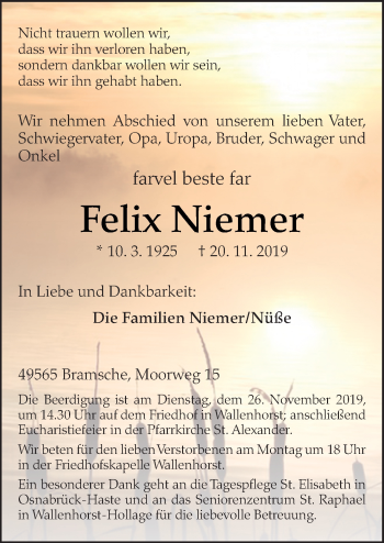 Traueranzeige von Felix Niemer von Neue Osnabrücker Zeitung GmbH & Co. KG