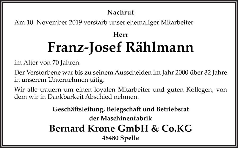  Traueranzeige für Franz-Josef Rählmann vom 16.11.2019 aus Neue Osnabrücker Zeitung GmbH & Co. KG