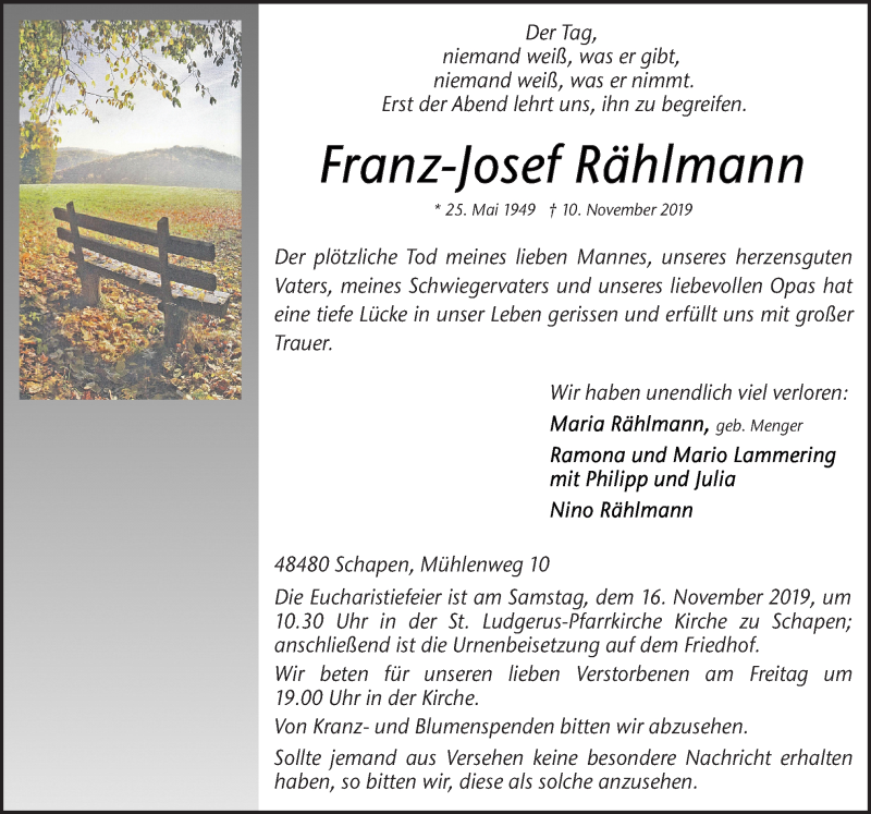  Traueranzeige für Franz-Josef Rählmann vom 13.11.2019 aus Neue Osnabrücker Zeitung GmbH & Co. KG
