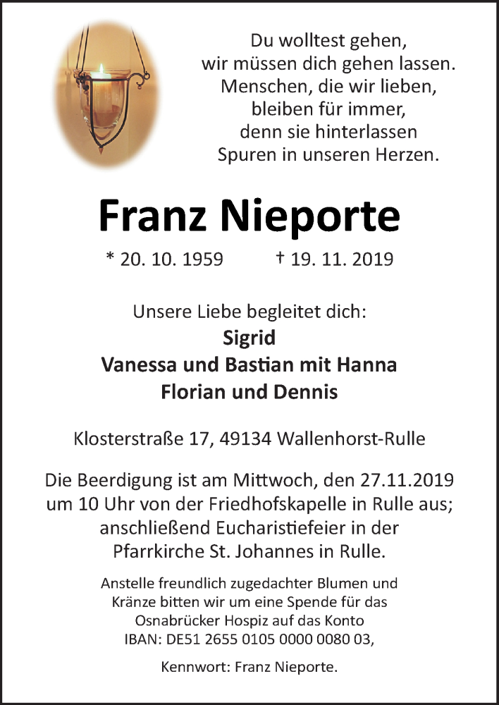  Traueranzeige für Franz Nieporte vom 23.11.2019 aus Neue Osnabrücker Zeitung GmbH & Co. KG