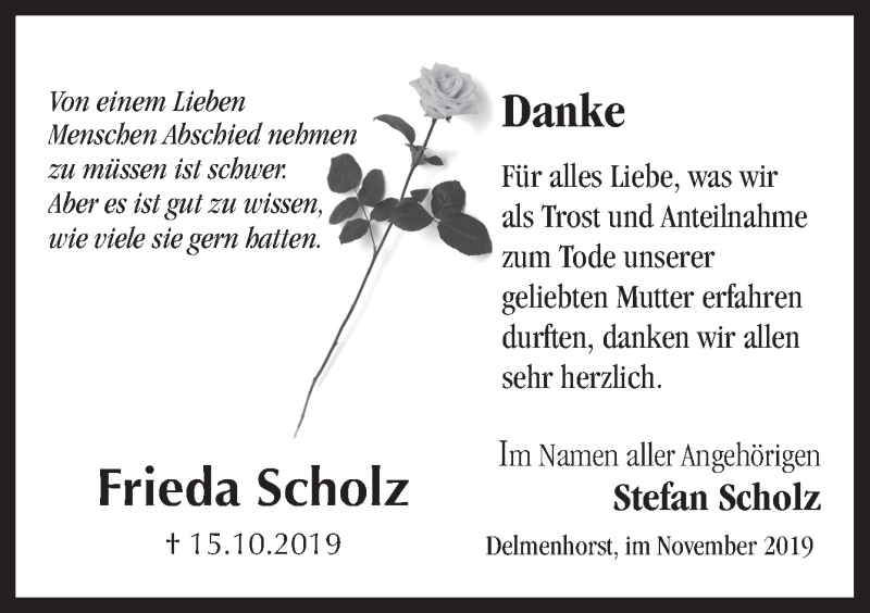  Traueranzeige für Frieda Scholz vom 23.11.2019 aus Neue Osnabrücker Zeitung GmbH & Co. KG