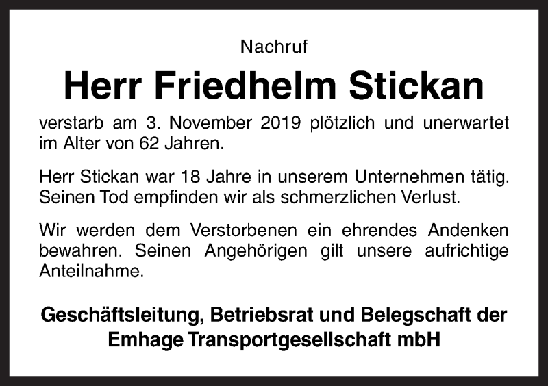  Traueranzeige für Friedhelm Stickan vom 21.11.2019 aus Neue Osnabrücker Zeitung GmbH & Co. KG