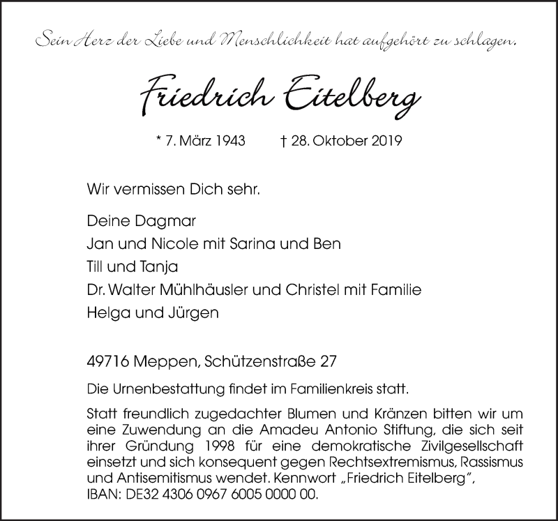  Traueranzeige für Friedrich Eitelberg vom 02.11.2019 aus Neue Osnabrücker Zeitung GmbH & Co. KG