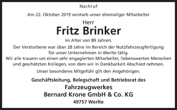 Traueranzeige von Fritz Brinker von Neue Osnabrücker Zeitung GmbH & Co. KG