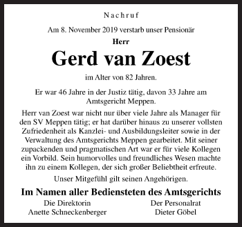 Traueranzeige von Gerd van Zoest von Neue Osnabrücker Zeitung GmbH & Co. KG