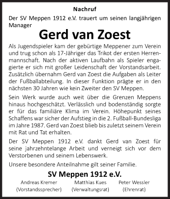 Traueranzeige von Gerd van Zoest von Neue Osnabrücker Zeitung GmbH & Co. KG